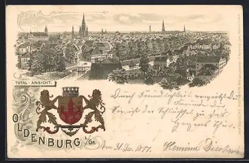 Lithographie Oldenburg i. Gr., Totalansicht und Wappen