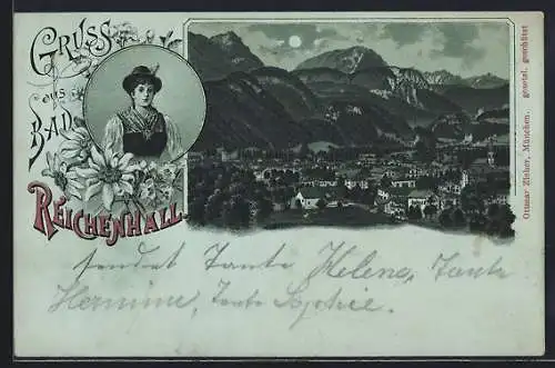 Mondschein-Lithographie Reichenhall, Totalansicht und Dame in Tracht
