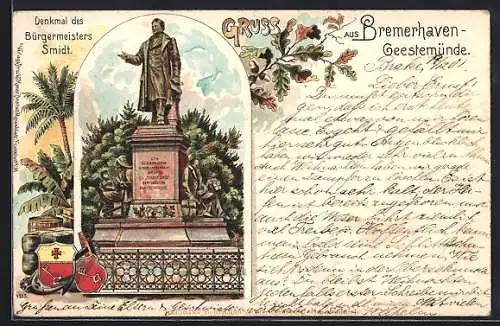 Lithographie Bremerhaven-Geestemünde, Denkmal des Bürgermeisters Smidt, Wappen