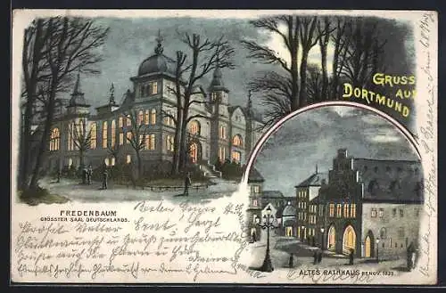 Lithographie Dortmund, Fredenbaum und altes Rathaus bei Nacht