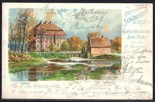 Lithographie Schönebeck bei Bremen, Garten-Restaurant Neue Weide, Bes. H. Grothusen