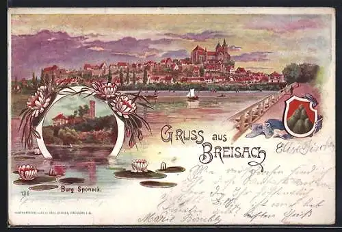 Lithographie Breisach, Burg Sponeck und Ortspanorama, Wappen