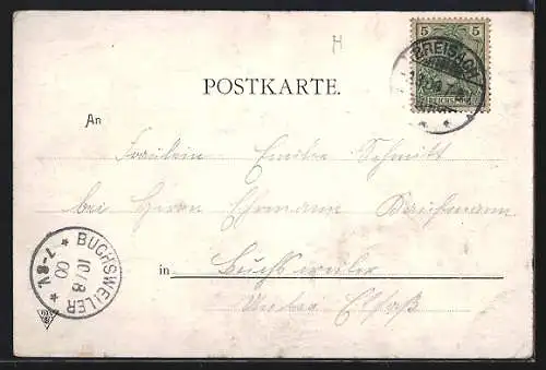 Lithographie Breisach, Burg Sponeck und Ortspanorama, Wappen