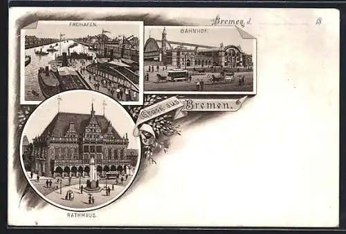 Lithographie Bremen, Rathaus, Freihafen und Bahnhof