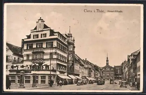 AK Gera i. Thür., Strassenbahnen in der Heinrichstrasse