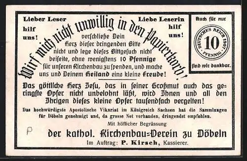 Lithographie Döbeln, Stadtansicht, Spendenaufruf des Kath. Kirchenbauvereins