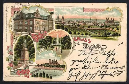 Lithographie Speyer, Consistorium, Domgarten, Schiffbrücke, Denkmal