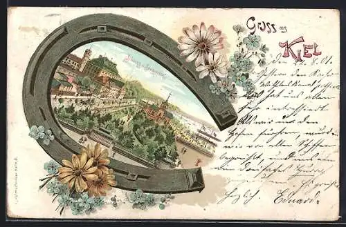 Passepartout-Lithographie Kiel, Schloss und Seegarten, Hufeisen und Blumen