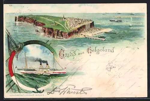 Lithographie Helgoland, Insel-Panorama, Damper Cobra in Fahrt