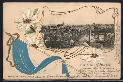 Passepartout-Lithographie Hof i. B., Blick über die Dächer, Fahne und Edelweiss