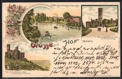 Lithographie Hof i. Bayern, Ruine mit Aussichtsturm, Saalepartie mit Ruderbooten