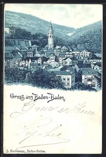 Lithographie Baden-Baden, Blick über die Dächer