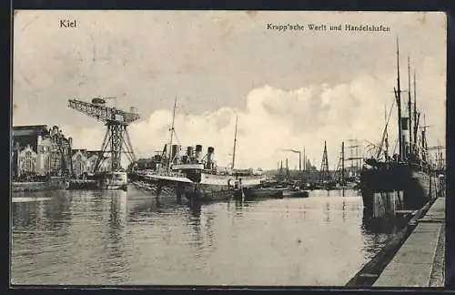 AK Kiel, Krupp`sche Werft und Handelshafen mit Dampfern