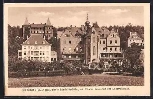 AK Bad Soden-Stolzenberg, Station Salmünster-Soden mit Blick auf Sanatorium und Kinderheilanstalt