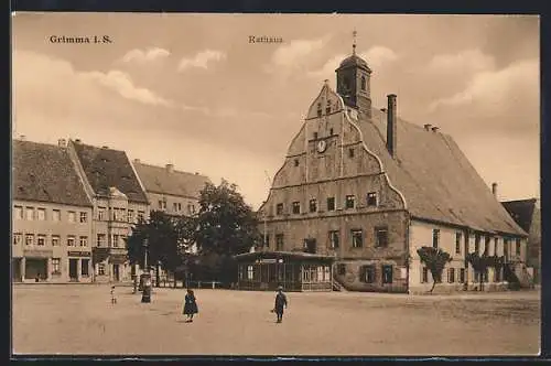 AK Grimma i. S., Rathaus mit Passanten
