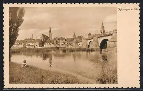 AK Kitzingen a. M. Ortsansicht mit Flusspartie und Kind