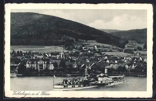 AK Veckerhagen a. d. Weser, Ortsansicht mit Fluss und Dampfer