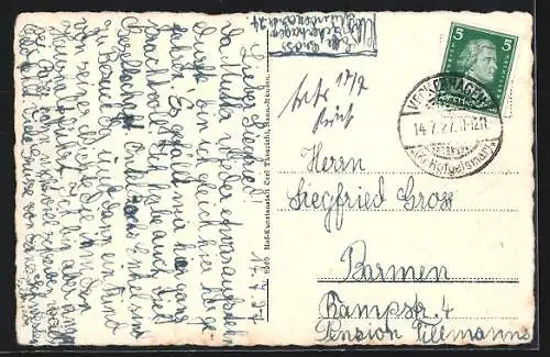 AK Veckerhagen a. d. Weser, Ortsansicht mit Fluss und Dampfer