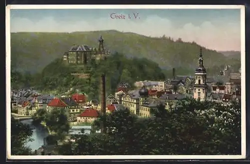 AK Greiz, Teilansicht mit Schloss vom Hügel aus