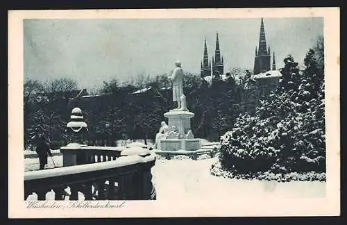 AK Wiesbaden, Schillerdenkmal im Winter