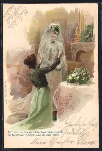 Künstler-AK Frau kleidet ihre Freundin zur Hochzeit an