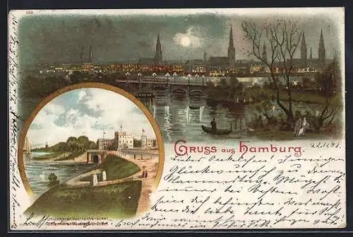 Lithographie Hamburg, Stadtansicht vom Fluss aus, Uhlenhorst mit Feenteichbrücke