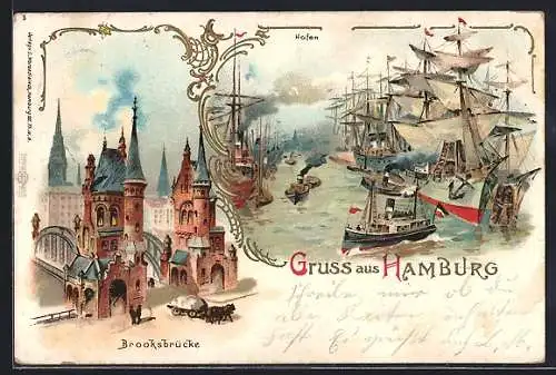 Lithographie Hamburg, Hafen mit Schiffen, Brooksbrücke