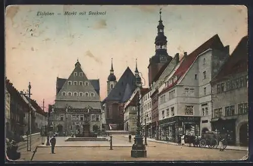 AK Eisleben, Markt mit Denkmal und Geschäften