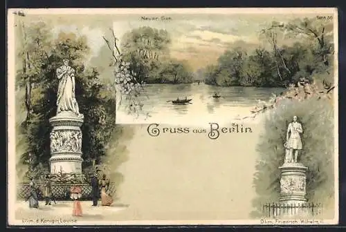 Lithographie Berlin-Tiergarten, Neuer See, Dkm. Friedrich Wilhelm III. im Grossen Tiergarten