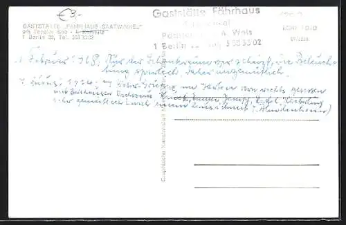 AK Berlin, Gaststätte Fährhaus Saatwinkel mit Sitzmöglichkeiten