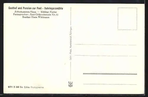 AK Behringersmühle /Fränk. Schweiz, Gasthof und Pension zur Post, Bes. Hans Wittmann