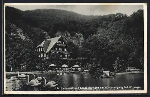 AK Uftrungen, Hotel Heimkehle mit Landschaftsbild am Höhleneingang