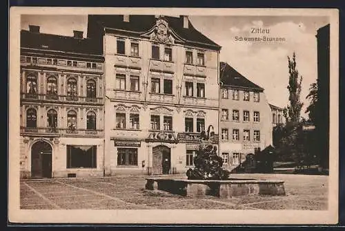 AK Zittau, Blick auf den Schwannen-Brunnen, Lithografie und Steindruckerei Oscar Wötzold, Möbelfabriklager
