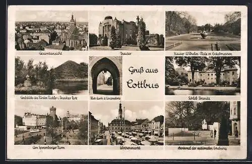 AK Cottbus, Schloss Branitz, Kaiser-Wilhelm-Platz miz Enkebrunnen und Lindenpforte