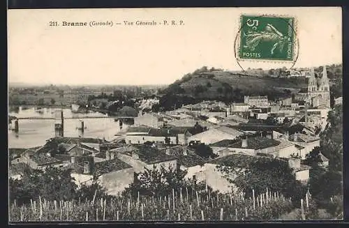 AK Branne, Vue générale de la ville avec pont et rivière en arrière-plan
