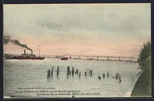 AK Cubzac-les-Ponts, Les bords de la Dordogne entre les deux ponts avec bateaux à vapeur