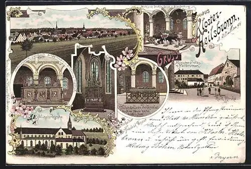 Lithographie Heilsbronn, Kloster Heilsbronn, Münsterkirche, Inneres, Münsterplatz mit Heilbrunnen und Kath. Kirche