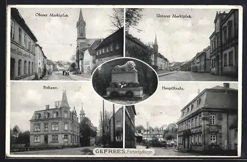 AK Gefrees /Fichtelgebirge, Postamt, Oberer & Unterer Marktplatz, Hauptstrasse
