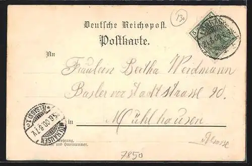 Lithographie Lörrach, Totalansicht, Schulhaus & Springbrunnen, Röttler Schloss