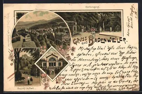 Lithographie Badenweiler, Teilansicht des Ortes mit Ansicht im Park