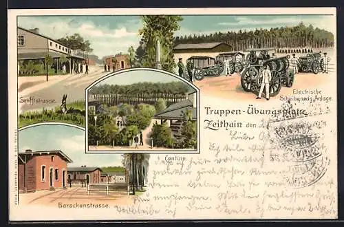 Lithographie Zeithain, Truppen-Übungsplatz, Senfftstrasse, Barackenstrasse, Elektrische Scheibenzug-Anlage