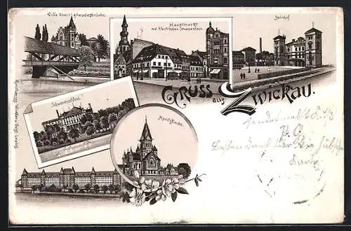Lithographie Zwickau, Moritzkirche, Schwanenschloss, Bahnhof