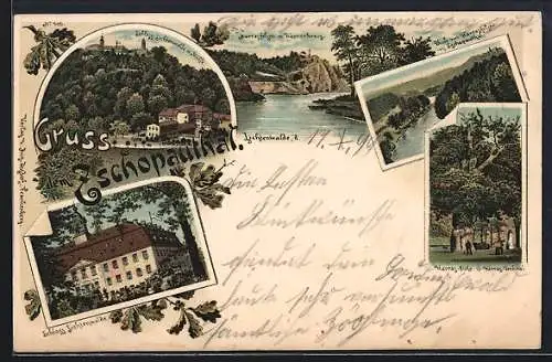 Lithographie Lichtenwalde, Schloss Lichtenwalde mit Mühle, Harrasfelsen