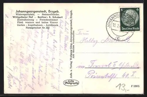 AK Johanngeorgenstadt /Erzgeb., Gasthaus Wittigsthaler Hof im Schnee, Inh. B. Schubert