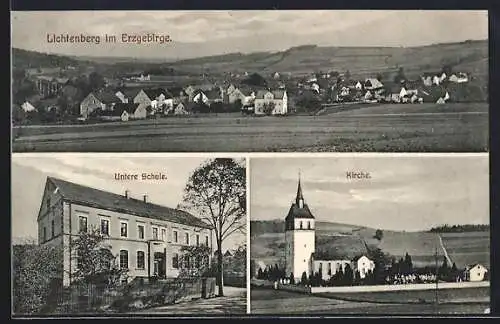 AK Lichtenberg im Erzgebirge, Untere Schule, Kirche, Totalansicht