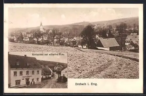 AK Drebach, Restaurant zur scharfen Ecke von Paul Seidel, Ortsansicht mit Kirche