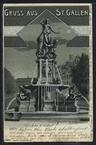 Mondschein-Lithographie St. Gallen, Broderbrunnen mit Wasserblick, silberner Mond