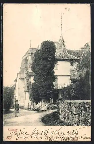 AK Sepey, Turmgebäude mit Baum, Mauer