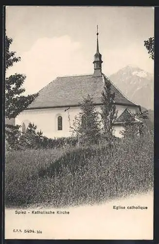 AK Spiez, Katholische Kirche mit Berggipfel