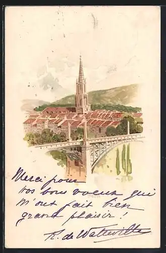 Lithographie Bern, Brückenpartie u. Teilansicht mit Kirche aus der Vogelschau